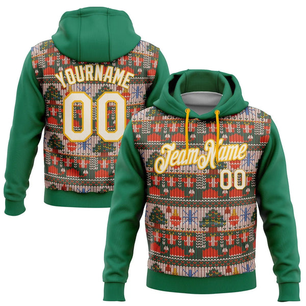 Personalized Ugly Sweater Hoodie, Custom Christmas Hoodie, Kelly Green Gold Holiday Hoodie, Custom Name Number Sweatshirt, Xm
