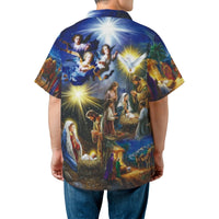 Religious Christmas Aloha Shirt, Nativity Scene Hawaiian Shirt, Birth of Jesus Button Up Shirt, Christian Holiday Beach Shirt, Faith Present