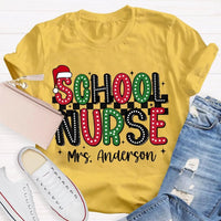 Custom Name Santa Hat Graphic Tee, Personalized School Nurse Christmas Shirt, RN Nurse Holiday T-Shirt, Healthcare Staff Xmas Present