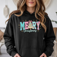 Pink Aesthetic Christmas Tree Sweatshirt, Merry Christmas Coquette Hoodie, Preppy Bow Holiday Pullover, Retro Xmas Hooded Sweater