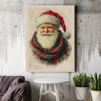 Traditional Plaid Scarf Santa Portrait Canvas Print, Vintage Santa Claus Canvas Art, Christmas Wall Decor, Printable Digital Download Present