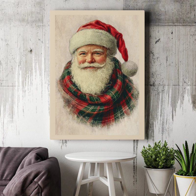 Vintage Santa Claus Canvas Print, Santa Claus Canvas Wall Art, Plaid Scarf Christmas Canvas, Holiday Wall Art, Festive Home Decor Present