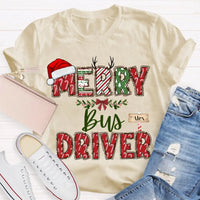 Custom Santa Hat Holiday Graphic Tee, Personalized Bus Driver Christmas T-Shirt, Merry Christmas Driver Shirt, Adorable Xmas School Bus Tee