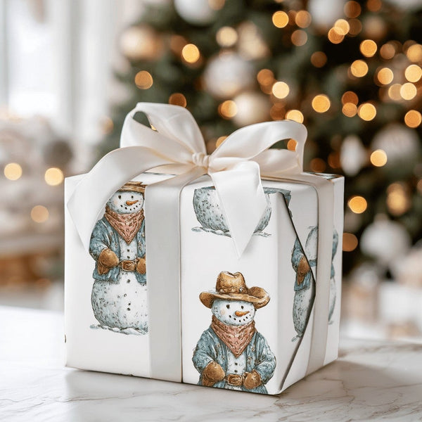 Western Christmas Gift Wrap, Cowboy Snowman Wrapping Paper, Watercolor Winter Cowboy Holiday Wrapping Paper, Rustic Holiday G