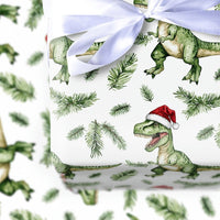 Christmas Dinosaur Wrapping Paper, Santa Hat T-Rex Wrapping Paper, Watercolor Dino Gift Wrap, Adorable Dinosaur Holiday Present Wrapping Paper