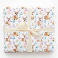 Baby Deer Christmas Gift Wrap, Watercolor Fawn Wrapping Paper, Pastel Baubles Holiday Present Paper, Whimsical Winter Wrap Roll
