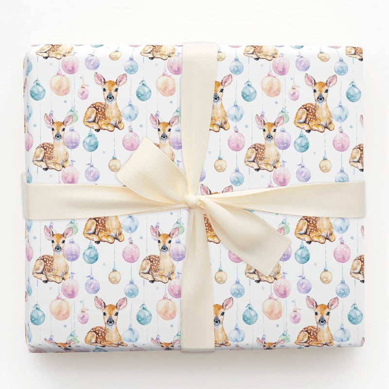 Baby Deer Christmas Gift Wrap, Watercolor Fawn Wrapping Paper, Pastel Baubles Holiday Present Paper, Whimsical Winter Wrap Roll