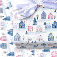 Snowy Cottage Gift Wrap, Winter Village Wrapping Paper, Watercolor Pastel House Christmas Wrapping Paper, Comfy Holiday Town Wrapping Paper
