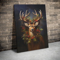 Festive Deer Holly Wreath Canvas Print, Christmas Stag Canvas Wall Art, Rustic Holiday Canvas Art, Winter Deer Wall Decor Present for Home