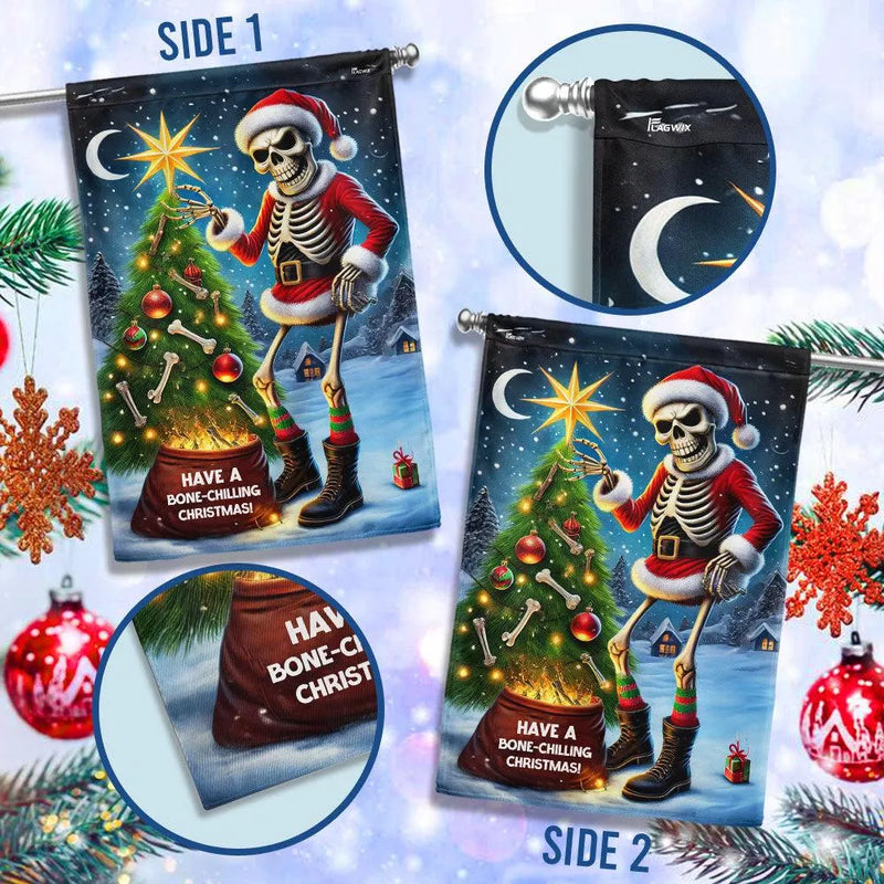 Humorous Bone Chilling Christmas Pun Yard Flag, Skeleton Santa Garden Flag, Double-Sided Spooky Xmas Lawn Flag