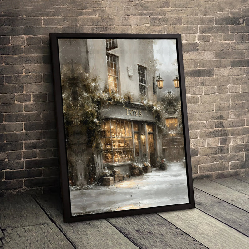 Snowy Winter Street Oil Painting Canvas Wall Art, Vintage Toy Shop Canvas Print, Comfy Christmas Scene Decor, Nostalgic Holiday Canvas
