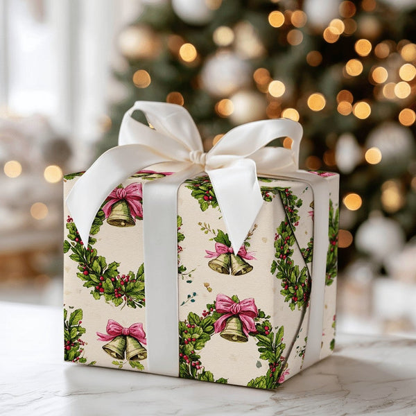 Vintage Christmas Gift Wrap, Holly Wreath Wrapping Paper, Gold Bells Holiday Wrapping Paper, Pink Bow Christmas Gift Wrap Rol