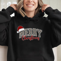 Santa Hat Typography Hooded Sweatshirt, Leopard Print Merry Christmas Hoodie, Adorable Animal Print Holiday Pullover, Festive Cheetah Jumper