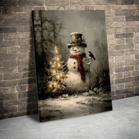 Christmas Tree and Bird Canvas Print, Vintage Snowman Wall Art, Whimsical Holiday Canvas, Retro Winter Wall Decor, Festive Xmas Home Present