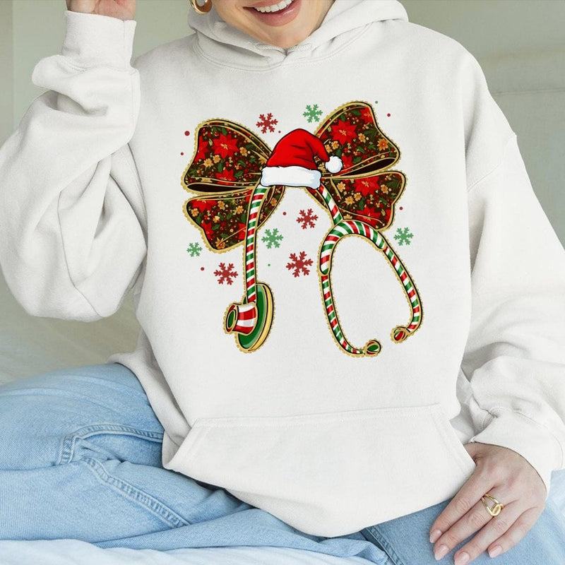 Candy Cane Stethoscope Bow Sweatshirt, Christmas Nurse Hoodie, Holiday RN Nursing Pullover, Festive Nursing Student Hooded Sweater