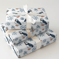 Winter Snowflake Gift Wrap, Puffin Bird Wrapping Paper, Adorable Arctic Animal Wrapping Paper, Christmas Holiday Gift Wrap Roll, Birthday Paper