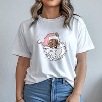 Retro Pink Hat Christmas Graphic Tee, Black Santa T-Shirt, African American Holiday Shirt, Inclusive Xmas Apparel for Women