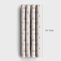 Whimsical Holiday Girl and Gold Stars Gift Wrap Paper, Pink Christmas Wrapping Paper, Adorable Pastel Xmas Present Wrapping Paper Roll