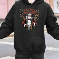 Christmas Deer Skull Graphic Hoodie, Santa Hunting Club Hoodie, Humorous Holiday Hunter Sweatshirt, Outdoor Hunting Hooded Pullover Present