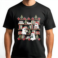 Spooky Adorable Holiday Reading Graphic Tee, Christmas Ghost Bookshelf T-Shirt, Bookish Library Ghost Shirt, Christmas Book Lover Graphic Tee