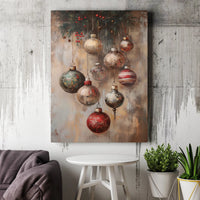 Rustic Oil Painting Baubles Holly Print, Vintage Christmas Ornaments Canvas Wall Art, Holiday Festive Canvas Digital Download