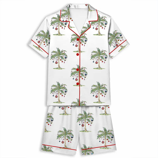Palm Tree Holiday Satin Pajamas, Tropical Christmas Pajama Set, Beach Christmas Sleepwear, Summer Xmas Loungewear Present