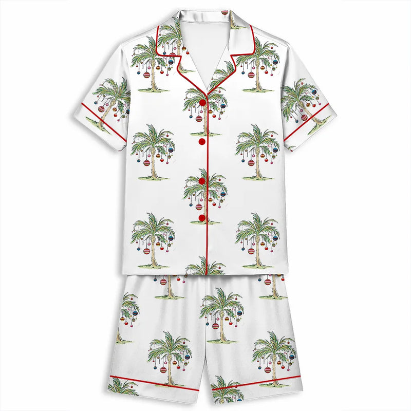 Palm Tree Holiday Satin Pajamas, Tropical Christmas Pajama Set, Beach Christmas Sleepwear, Summer Xmas Loungewear Present