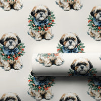 Dog Wreath Holiday Gift Wrap, Shih Tzu Christmas Wrapping Paper, Adorable Shih Tzu Puppy Wrapping Paper, Dog Lover Xmas Gift Wrap Roll