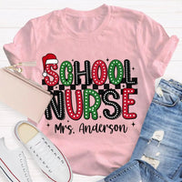 Custom Name Santa Hat Graphic Tee, Personalized School Nurse Christmas Shirt, RN Nurse Holiday T-Shirt, Healthcare Staff Xmas Present