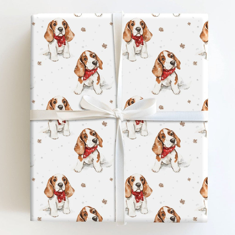 Puppy in Snow Holiday Gift Wrap Roll, Basset Hound Christmas Wrapping Paper, Winter Dog Xmas Wrapping Paper, Dog Lover Holiday Present Wrap