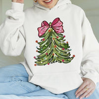 Pink Bow Christmas Tree Hooded Sweatshirt, Watercolor Christmas Tree Hoodie, Adorable Holiday Tree Pullover, Festive Christmas Hoodie Present