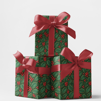 Vintage Holiday Gift Wrap, Victorian Holly Wrapping Paper, Classic Christmas Holly Wrapping Paper, Red Green Xmas Gift Wrap