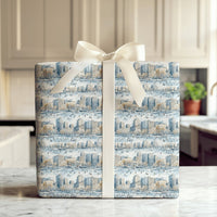 Watercolor Ice Skating Park Gift Wrap, Winter Cityscape Wrapping Paper, Snowy City Holiday Present Paper, Christmas Gift Wrapping Paper