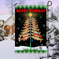 Fishing Christmas Tree Holiday Flag, Merry Fishmas Garden Flag, Double-Sided Fisherman Xmas Flag, Angler Outdoor Lawn Banner Decor