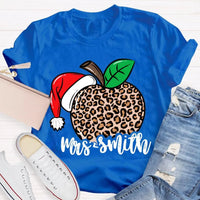 Custom Name Christmas T-Shirt, Personalized Leopard Santa Hat Shirt, Festive Holiday Graphic Tee, Comfy Xmas Present for Her, Adorable Top