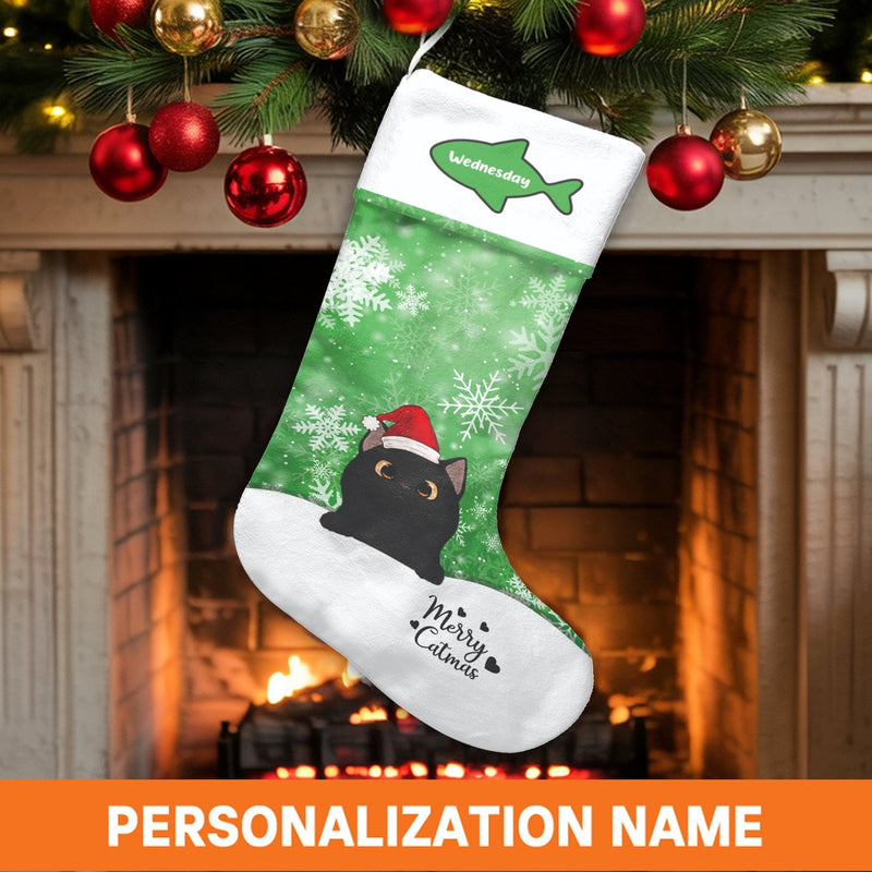 Merry Catmas Holiday Stocking, Personalized Black Cat Christmas Stocking, Custom Pet Name Christmas Stocking, Adorable Kitty Lover Holiday Decor