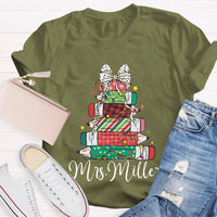 Colorful Crayons Bows Holiday Shirt, Personalized Christmas T-Shirt, Custom Name Kids Xmas Graphic Tee, Festive School Party Shirt