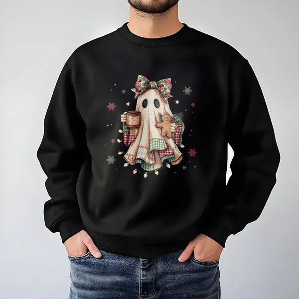 Comfy Ghost Drinking Coffee Crewneck, Christmas Ghost Sweatshirt, Gingerbread Plaid Ghost Pullover, Spooky Holiday Sweater, X