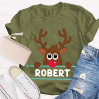 Custom Name Reindeer Holiday Graphic Tee, Personalized Christmas Elk Bow Shirt, Adorable Christmas Elk T-Shirt, Festive Winter Holiday Present