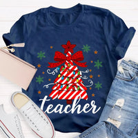 Bow Christmas Tree Colorful Lights Graphic Tee, Teacher Christmas T-Shirt, Festive Holiday Educator Shirt, Xmas Present