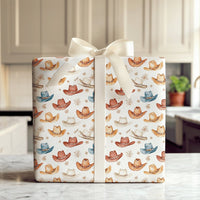 Western Holiday Gift Wrap, Watercolor Cowboy Hat Wrapping Paper, Rustic Country Christmas Present Wrap, Snowflake Festive Present Paper