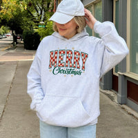 Checkered Varsity Christmas Sweatshirt, Merry Christmas Hoodie, Retro Holiday Hooded Pullover, Xmas Graphic Hoodie
