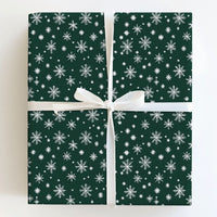 Dark Green Holiday Gift Wrap, White Snowflake Christmas Wrapping Paper, Winter Snowflakes Wrapping Paper, Classic Xmas Gift Wrapping Paper