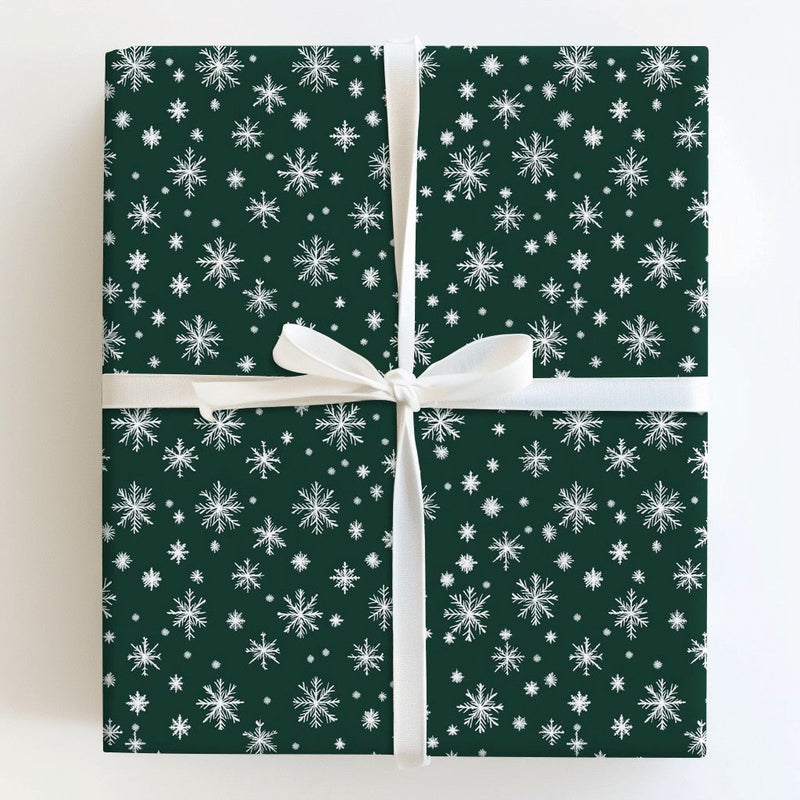 Dark Green Holiday Gift Wrap, White Snowflake Christmas Wrapping Paper, Winter Snowflakes Wrapping Paper, Classic Xmas Gift Wrapping Paper