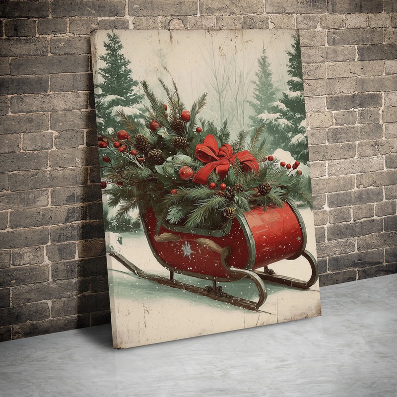 Rustic Red Sled Holiday Canvas Print, Vintage Christmas Sleigh Canvas Wall Art, Winter Pine Wall Decor, Festive Xmas Canvas Art