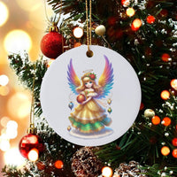 Adorable Ceramic Angel Tree Ornament, Rainbow Wings Angel Christmas Ornament, Colorful Wing Keepsake, Festive Xmas Tree Circle Ornament