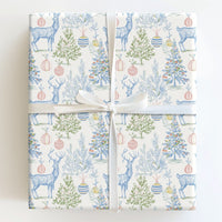 Vintage Toile Holiday Gift Wrap, Blue Reindeer Toile Christmas Wrapping Paper, Elegant Deer Tree Gift Wrapping Paper, Winter Present Paper
