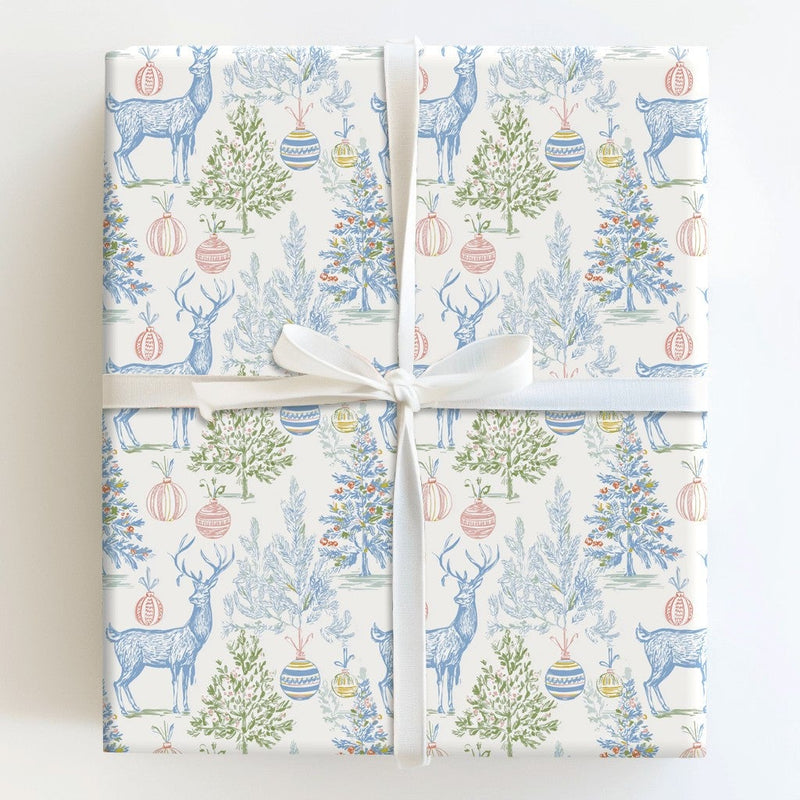 Vintage Toile Holiday Gift Wrap, Blue Reindeer Toile Christmas Wrapping Paper, Elegant Deer Tree Gift Wrapping Paper, Winter Present Paper