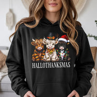 Adorable Highland Cow Sweatshirt, Highland Cow Hallothanksmas Hoodie, Fall Thanksgiving Christmas Hoodie, Humorous Farm Animal Hooded Pullover
