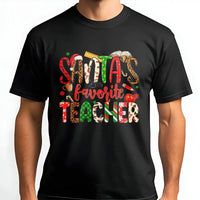 Leopard Print Holiday Tee, Santa's Favorite Teacher Christmas T-Shirt, Elementary Educator Graphic Shirt, Festive Teacher Xmas Party Tee